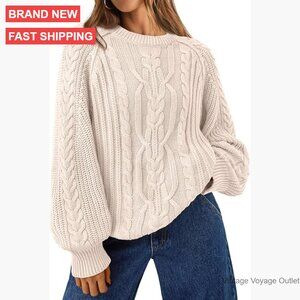 Oversized Cable Knit Pullover Sweater, Soft Cotton Blend, Loose Fit, Long Sleeve